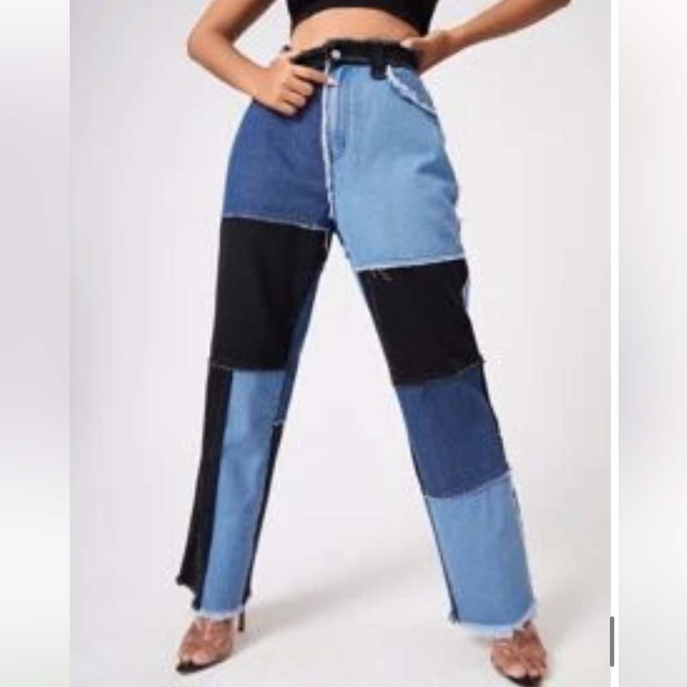 Patchwork Color Block Raw Hem Jeans - image 1